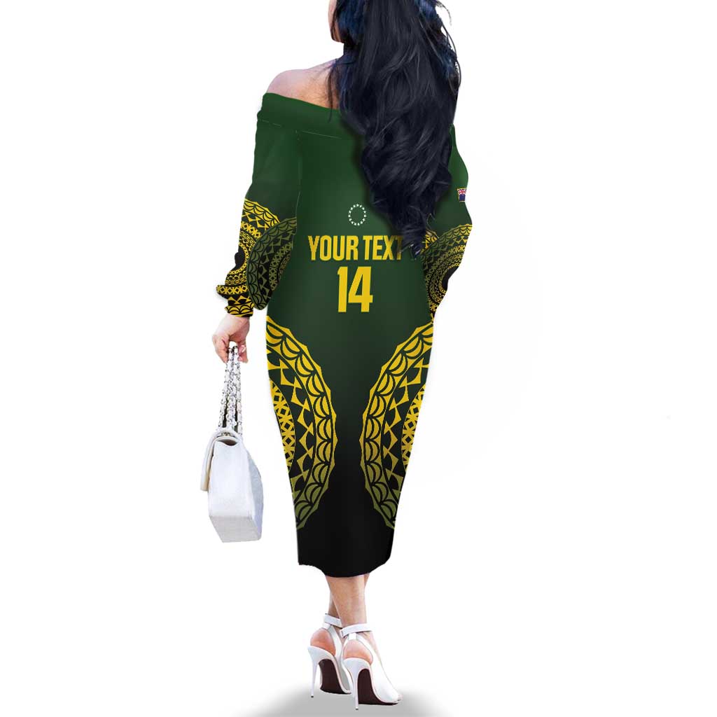 Custom Avaiki Cook Islands Rugby Family Matching Off The Shoulder Long Sleeve Dress and Hawaiian Shirt Kuki Airani Tatau Black LT14 - Polynesian Pride