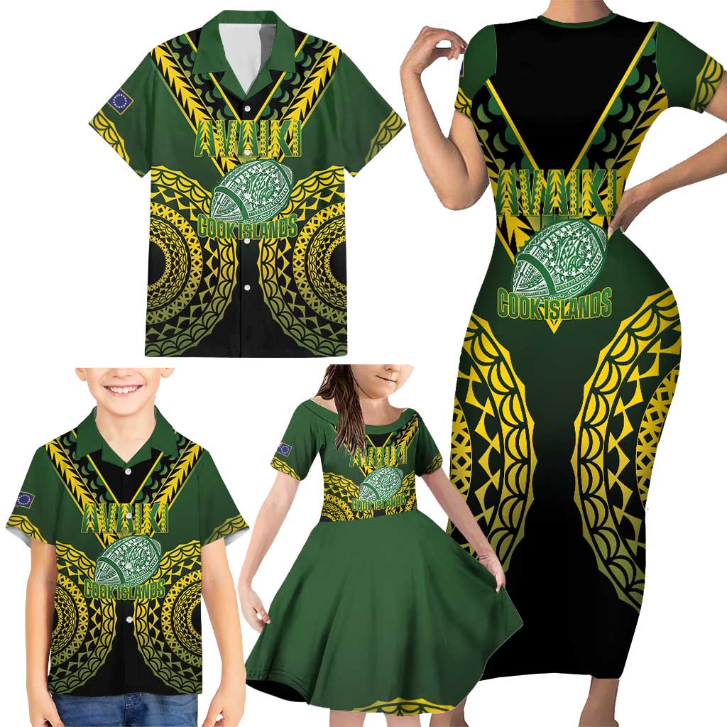 Custom Avaiki Cook Islands Rugby Family Matching Short Sleeve Bodycon Dress and Hawaiian Shirt Kuki Airani Tatau Black LT14 - Polynesian Pride