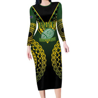Custom Avaiki Cook Islands Rugby Long Sleeve Bodycon Dress Kuki Airani Tatau Black LT14 Long Dress Black - Polynesian Pride