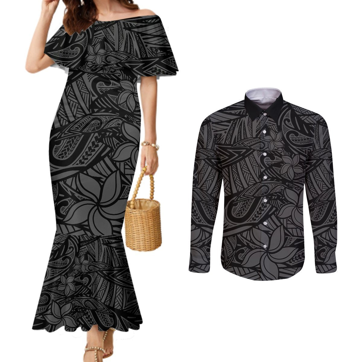 Polynesia Couples Matching Mermaid Dress and Long Sleeve Button Shirt Polynesian Pattern Mix Plumeria Black LT14 Black - Polynesian Pride