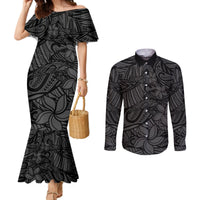 Polynesia Couples Matching Mermaid Dress and Long Sleeve Button Shirt Polynesian Pattern Mix Plumeria Black LT14 Black - Polynesian Pride