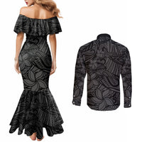 Polynesia Couples Matching Mermaid Dress and Long Sleeve Button Shirt Polynesian Pattern Mix Plumeria Black LT14 - Polynesian Pride