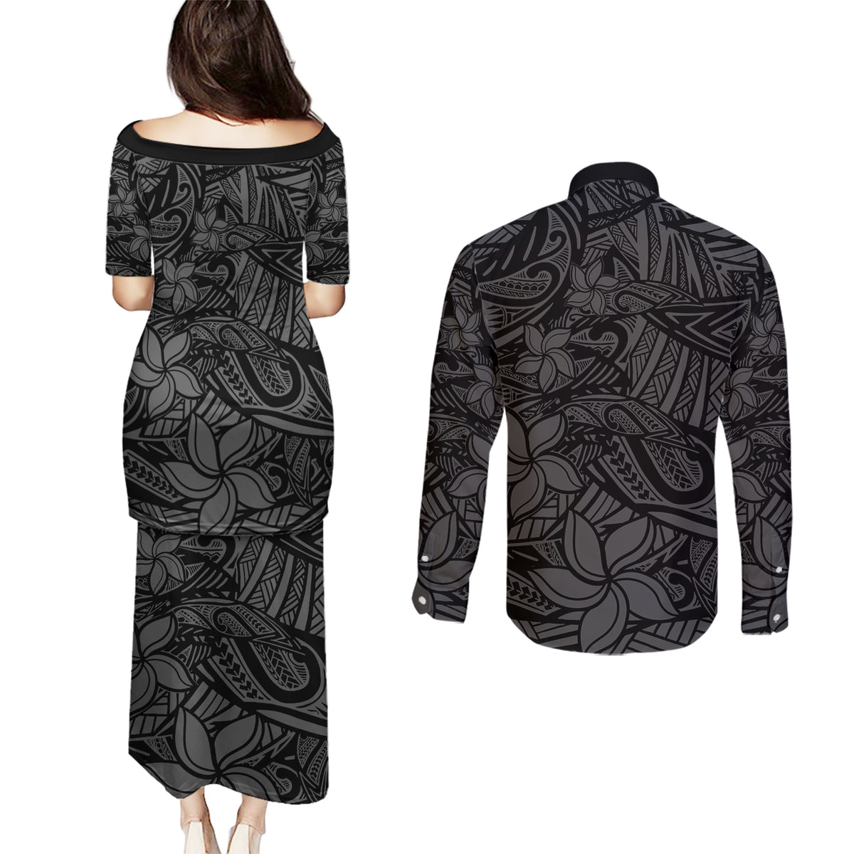 Polynesia Couples Matching Puletasi and Long Sleeve Button Shirt Polynesian Pattern Mix Plumeria Black LT14 - Polynesian Pride