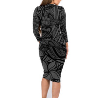 Polynesia Family Matching Long Sleeve Bodycon Dress and Hawaiian Shirt Polynesian Pattern Mix Plumeria Black LT14 - Polynesian Pride