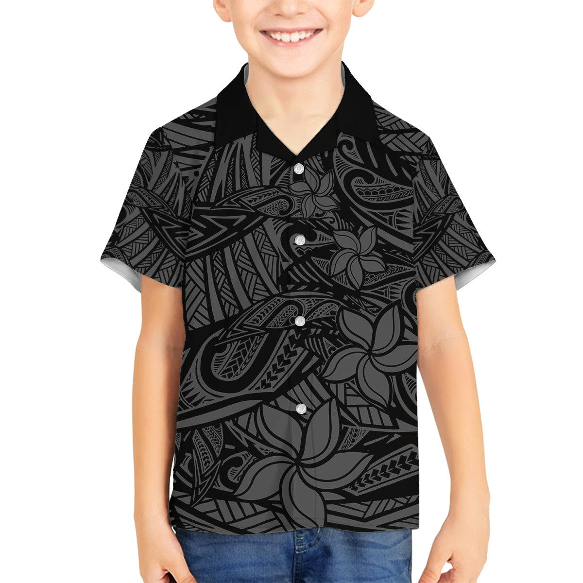 Polynesia Family Matching Off Shoulder Maxi Dress and Hawaiian Shirt Polynesian Pattern Mix Plumeria Black LT14 Son's Shirt Black - Polynesian Pride