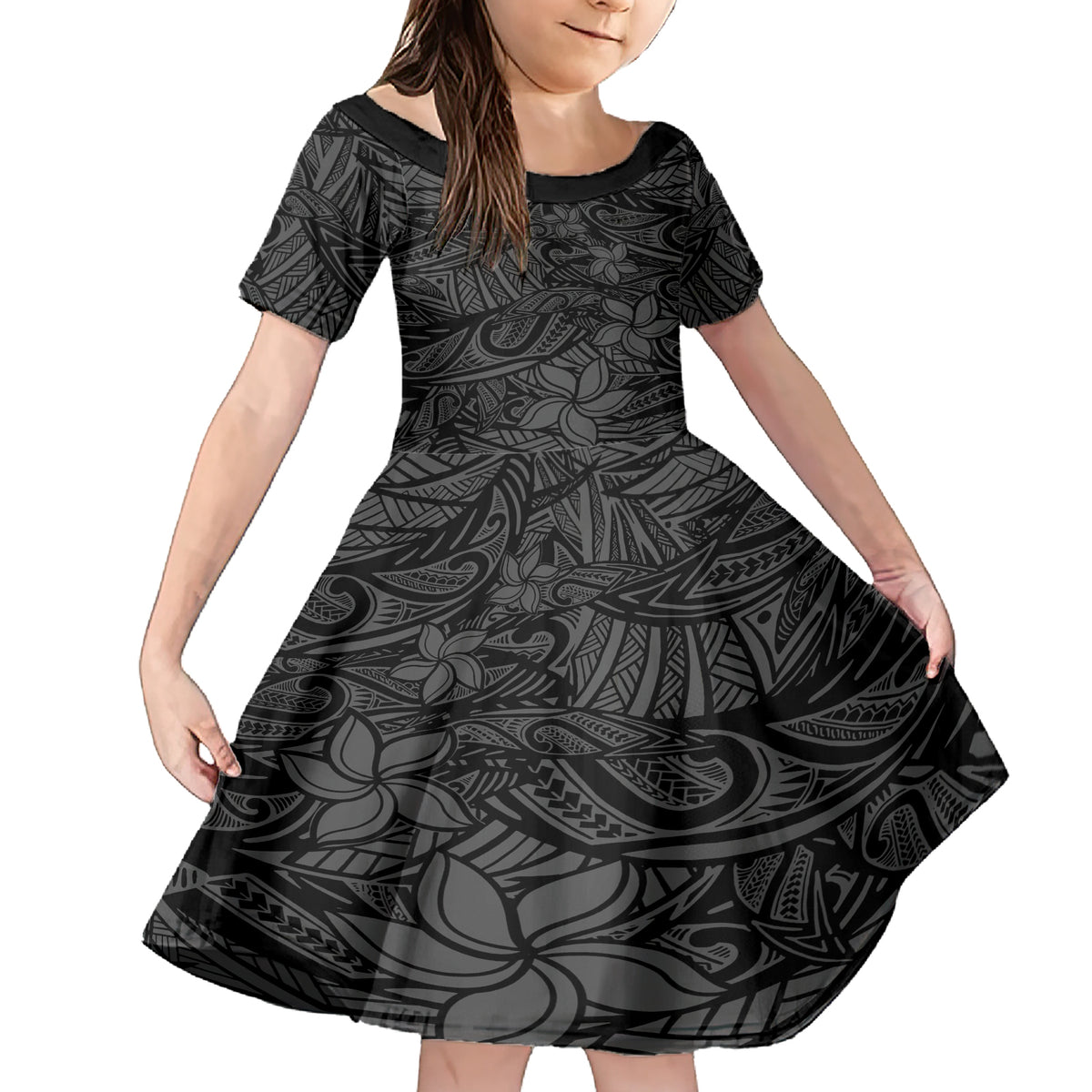 Polynesia Family Matching Short Sleeve Bodycon Dress and Hawaiian Shirt Polynesian Pattern Mix Plumeria Black LT14 Daughter's Dress Black - Polynesian Pride