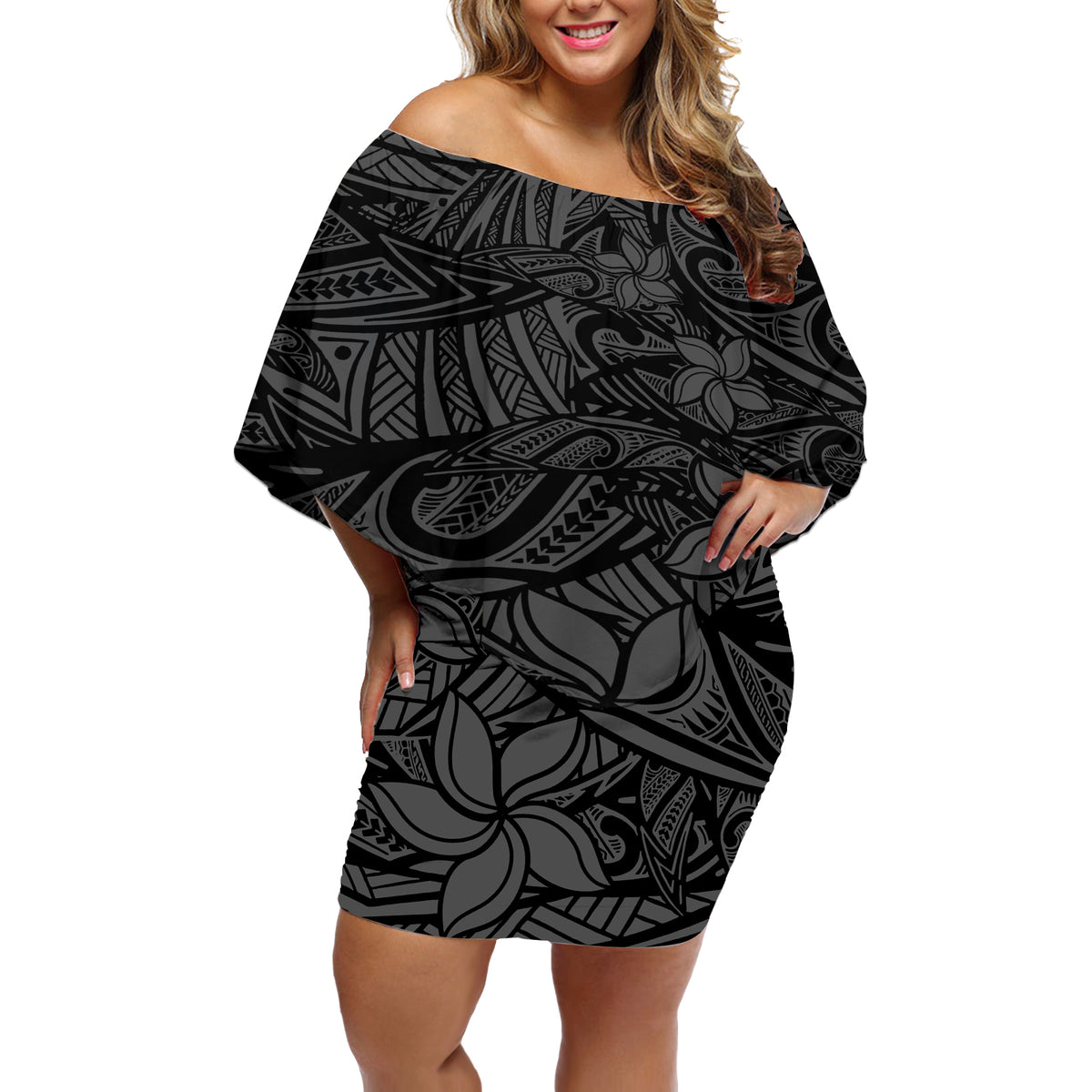 Polynesia Off Shoulder Short Dress Polynesian Pattern Mix Plumeria Black LT14 Women Black - Polynesian Pride