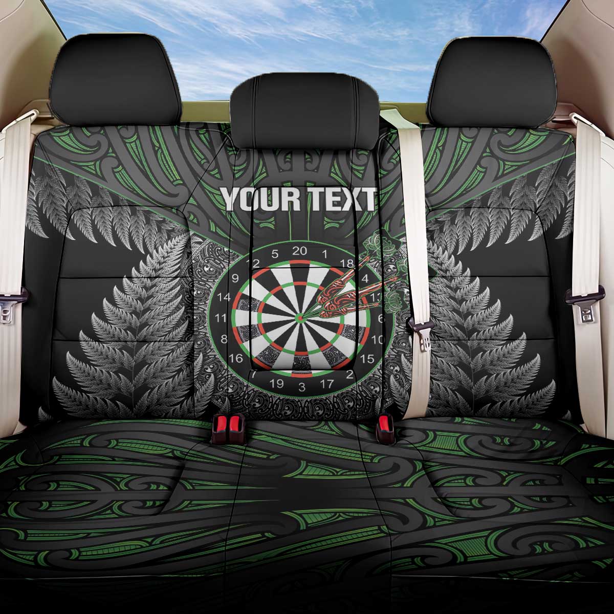 Personalised New Zealand Darts Back Car Seat Cover Dartboard Maori Fern Puhoro Art LT14 One Size Black - Polynesian Pride