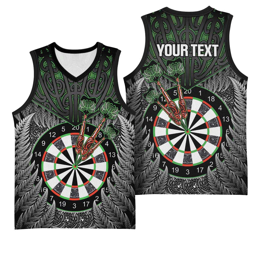 Personalised New Zealand Darts Basketball Jersey Dartboard Maori Fern Puhoro Art - Polynesian Pride