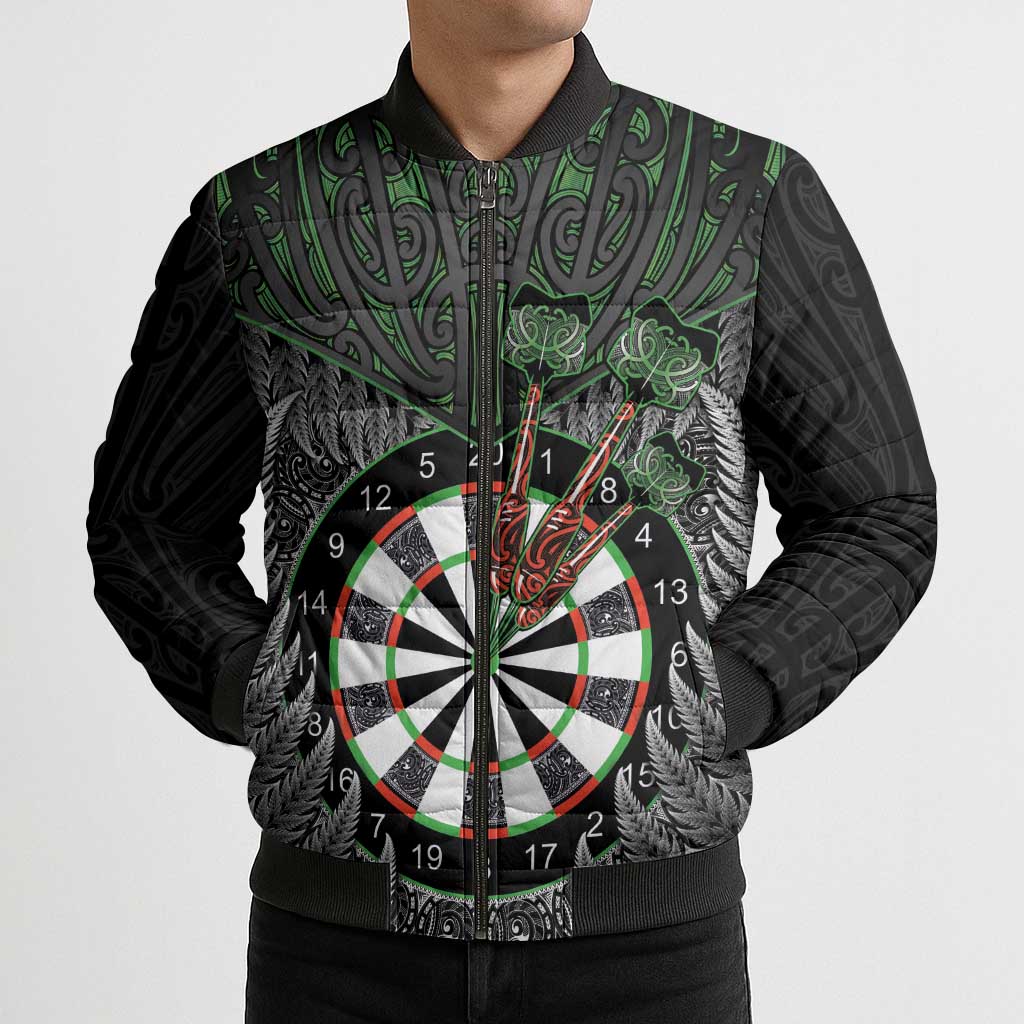 Personalised New Zealand Darts Bomber Puffer Jacket Dartboard Maori Fern Puhoro Art - Polynesian Pride