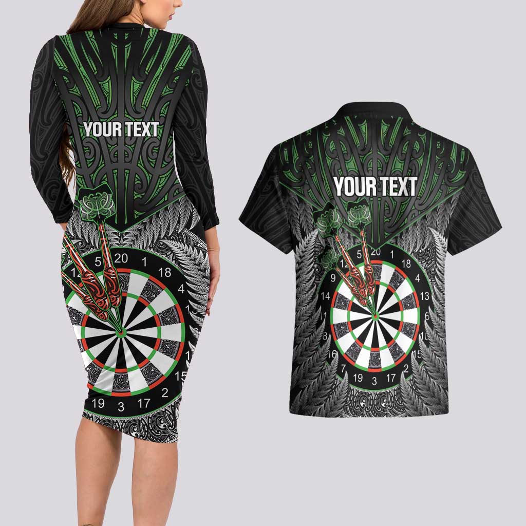Personalised New Zealand Darts Couples Matching Long Sleeve Bodycon Dress and Hawaiian Shirt Dartboard Maori Fern Puhoro Art LT14 - Polynesian Pride