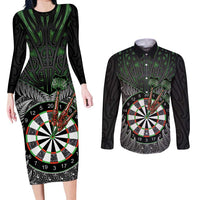 Personalised New Zealand Darts Couples Matching Long Sleeve Bodycon Dress and Long Sleeve Button Shirt Dartboard Maori Fern Puhoro Art LT14 Black - Polynesian Pride