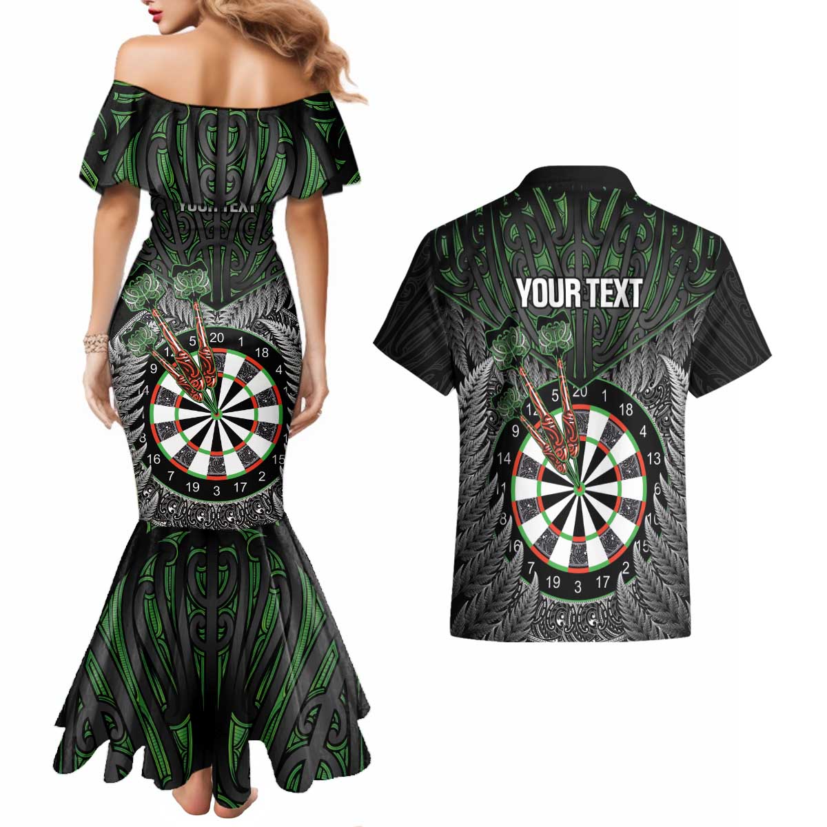 Personalised New Zealand Darts Couples Matching Mermaid Dress and Hawaiian Shirt Dartboard Maori Fern Puhoro Art LT14 - Polynesian Pride