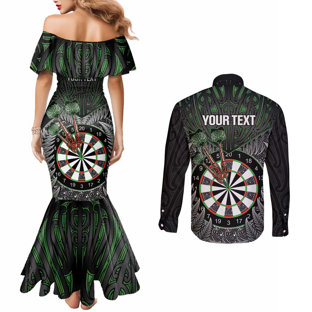 Personalised New Zealand Darts Couples Matching Mermaid Dress and Long Sleeve Button Shirt Dartboard Maori Fern Puhoro Art LT14 - Polynesian Pride