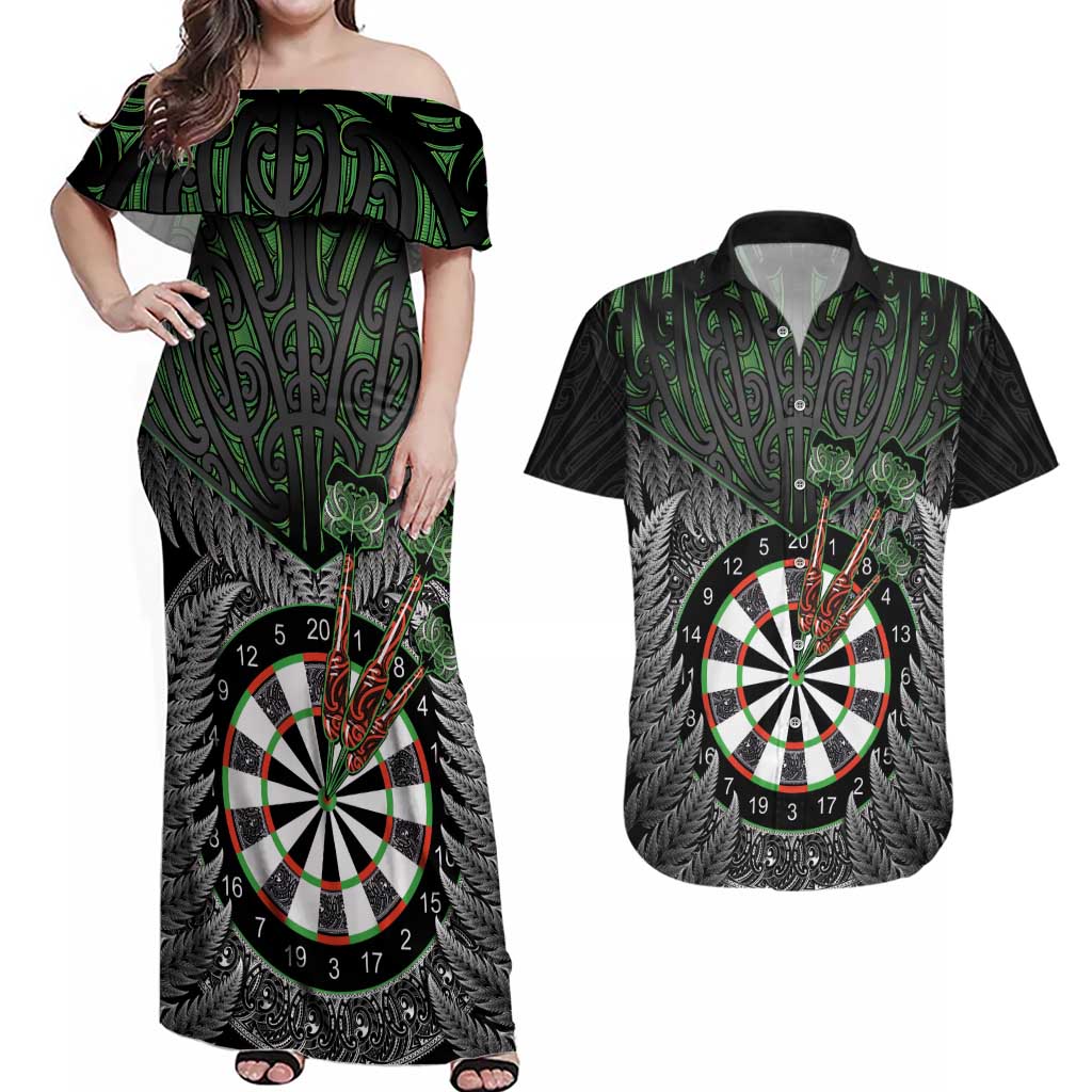 Personalised New Zealand Darts Couples Matching Off Shoulder Maxi Dress and Hawaiian Shirt Dartboard Maori Fern Puhoro Art LT14 Black - Polynesian Pride