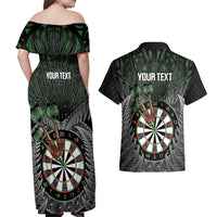 Personalised New Zealand Darts Couples Matching Off Shoulder Maxi Dress and Hawaiian Shirt Dartboard Maori Fern Puhoro Art LT14 - Polynesian Pride