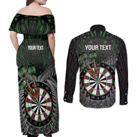 Personalised New Zealand Darts Couples Matching Off Shoulder Maxi Dress and Long Sleeve Button Shirt Dartboard Maori Fern Puhoro Art LT14 - Polynesian Pride