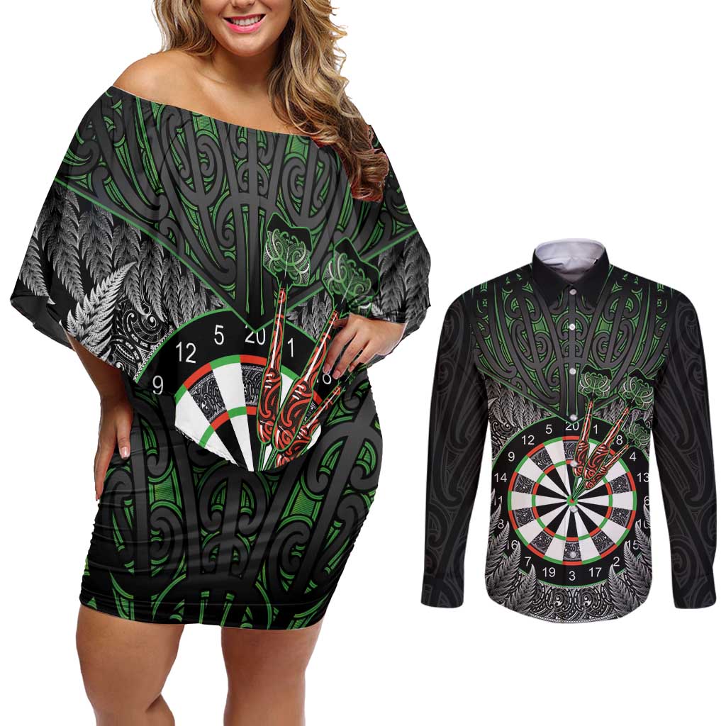 Personalised New Zealand Darts Couples Matching Off Shoulder Short Dress and Long Sleeve Button Shirt Dartboard Maori Fern Puhoro Art LT14 Black - Polynesian Pride