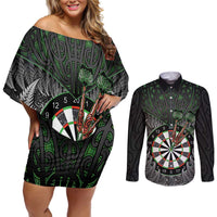 Personalised New Zealand Darts Couples Matching Off Shoulder Short Dress and Long Sleeve Button Shirt Dartboard Maori Fern Puhoro Art LT14 Black - Polynesian Pride