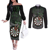 Personalised New Zealand Darts Couples Matching Off The Shoulder Long Sleeve Dress and Long Sleeve Button Shirt Dartboard Maori Fern Puhoro Art LT14 Black - Polynesian Pride