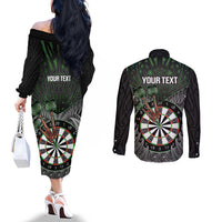 Personalised New Zealand Darts Couples Matching Off The Shoulder Long Sleeve Dress and Long Sleeve Button Shirt Dartboard Maori Fern Puhoro Art LT14 - Polynesian Pride