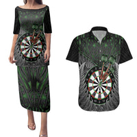 Personalised New Zealand Darts Couples Matching Puletasi and Hawaiian Shirt Dartboard Maori Fern Puhoro Art LT14 Black - Polynesian Pride