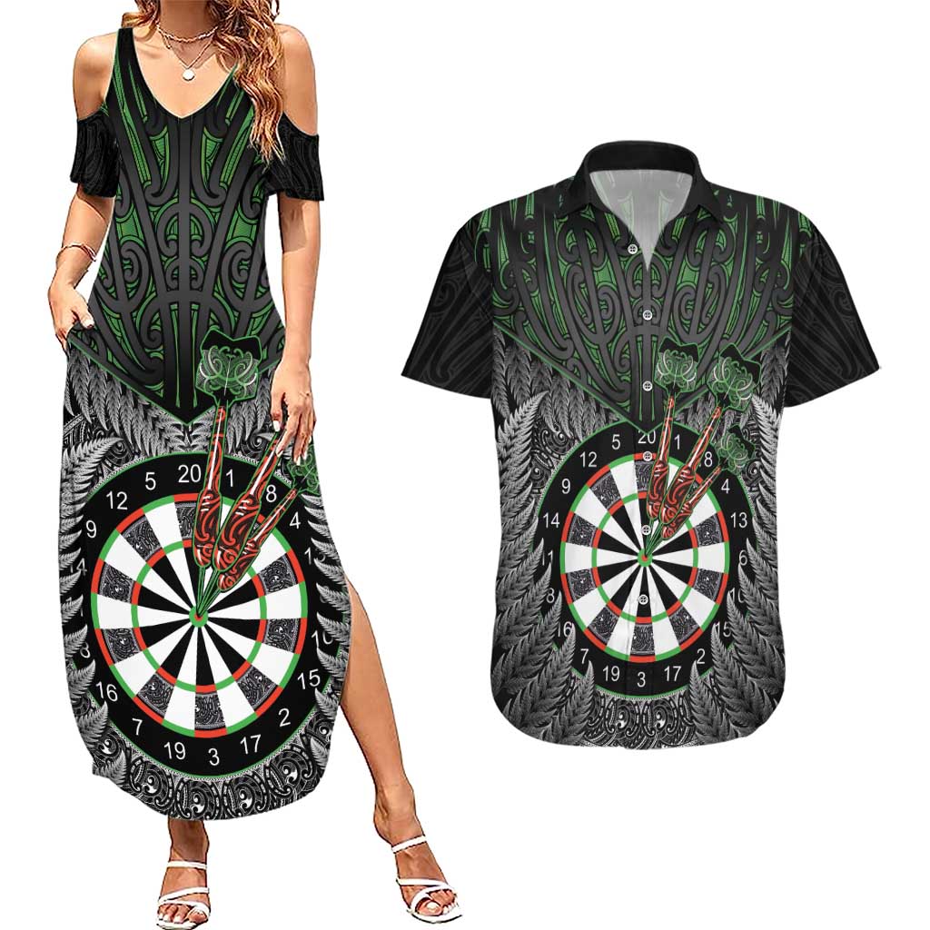 Personalised New Zealand Darts Couples Matching Summer Maxi Dress and Hawaiian Shirt Dartboard Maori Fern Puhoro Art LT14 Black - Polynesian Pride