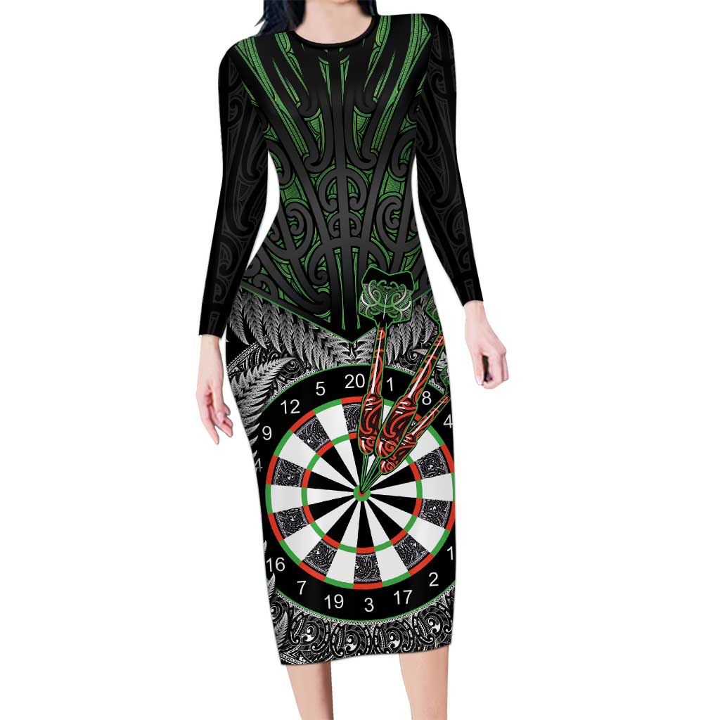 Personalised New Zealand Darts Family Matching Long Sleeve Bodycon Dress and Hawaiian Shirt Dartboard Maori Fern Puhoro Art LT14 Mom's Dress Black - Polynesian Pride