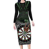 Personalised New Zealand Darts Family Matching Long Sleeve Bodycon Dress and Hawaiian Shirt Dartboard Maori Fern Puhoro Art LT14 Mom's Dress Black - Polynesian Pride