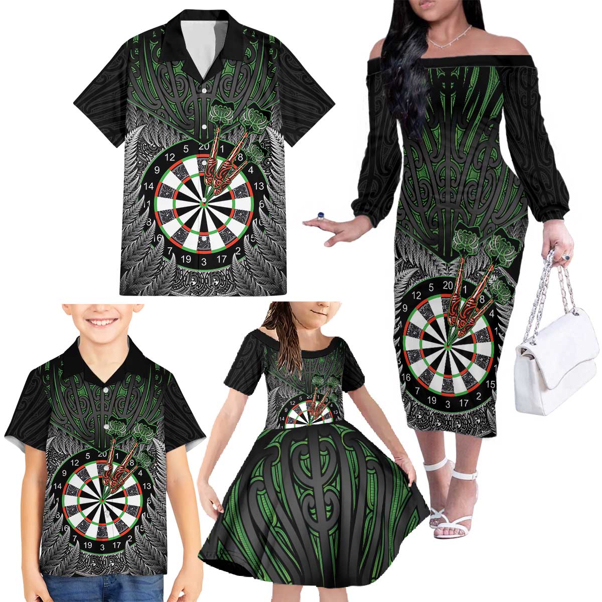 Personalised New Zealand Darts Family Matching Off The Shoulder Long Sleeve Dress and Hawaiian Shirt Dartboard Maori Fern Puhoro Art LT14 - Polynesian Pride