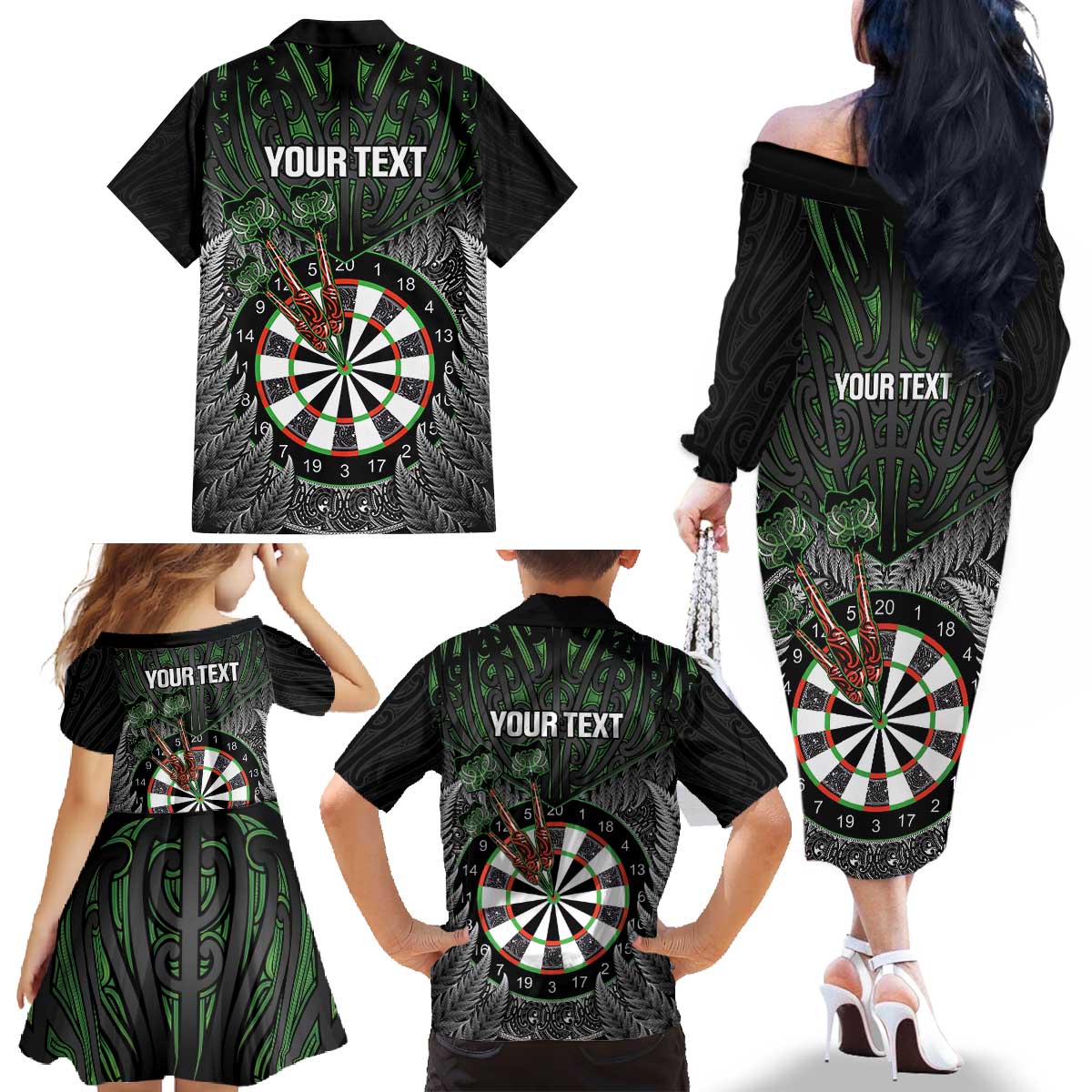 Personalised New Zealand Darts Family Matching Off The Shoulder Long Sleeve Dress and Hawaiian Shirt Dartboard Maori Fern Puhoro Art LT14 - Polynesian Pride