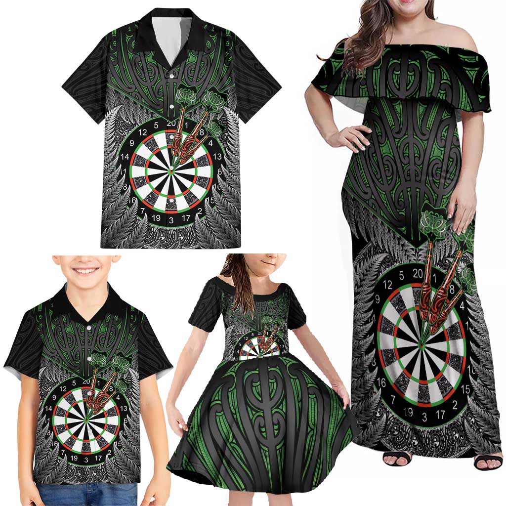 Personalised New Zealand Darts Family Matching Off Shoulder Maxi Dress and Hawaiian Shirt Dartboard Maori Fern Puhoro Art LT14 - Polynesian Pride