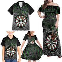 Personalised New Zealand Darts Family Matching Off Shoulder Maxi Dress and Hawaiian Shirt Dartboard Maori Fern Puhoro Art LT14 - Polynesian Pride