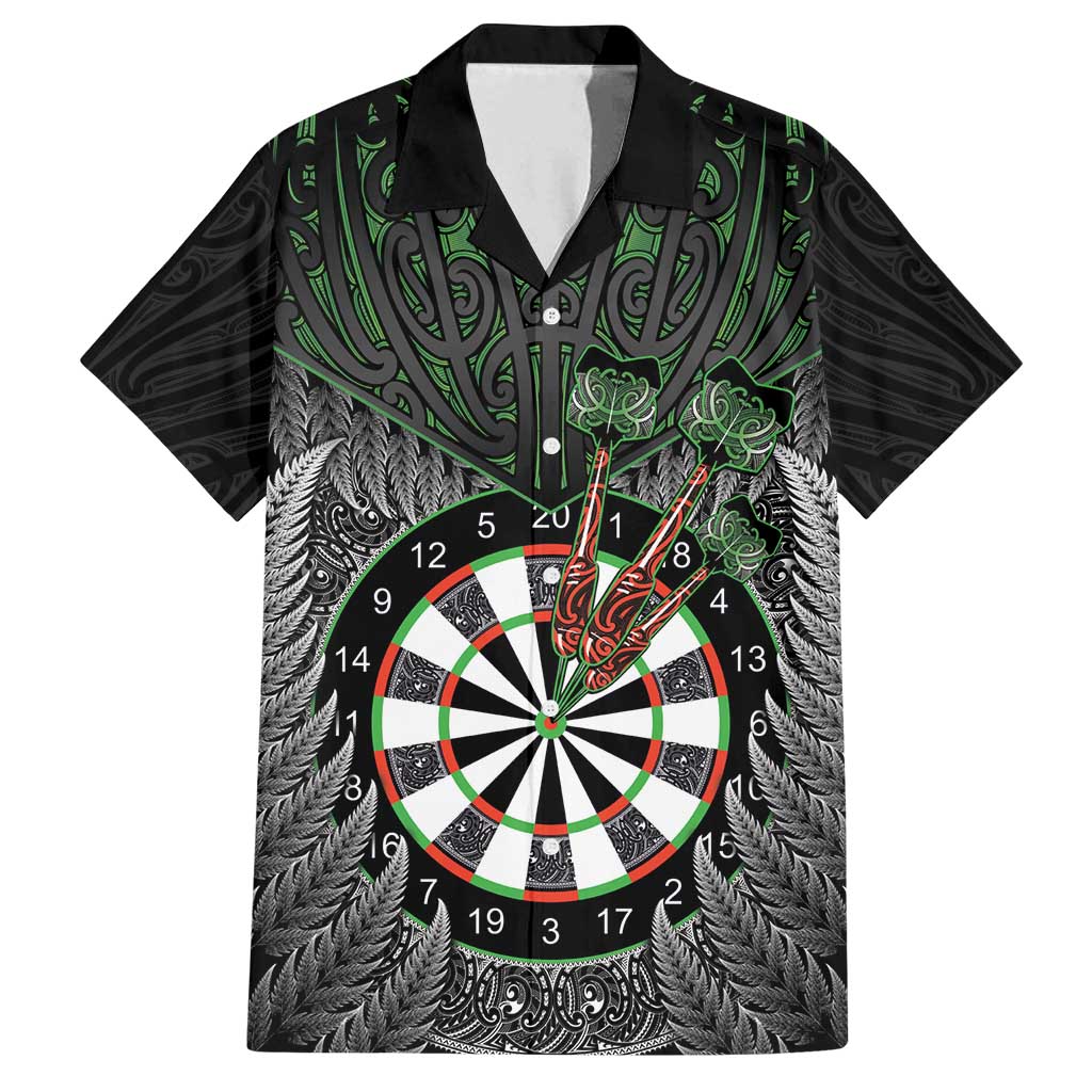 Personalised New Zealand Darts Family Matching Off Shoulder Maxi Dress and Hawaiian Shirt Dartboard Maori Fern Puhoro Art LT14 Dad's Shirt - Short Sleeve Black - Polynesian Pride