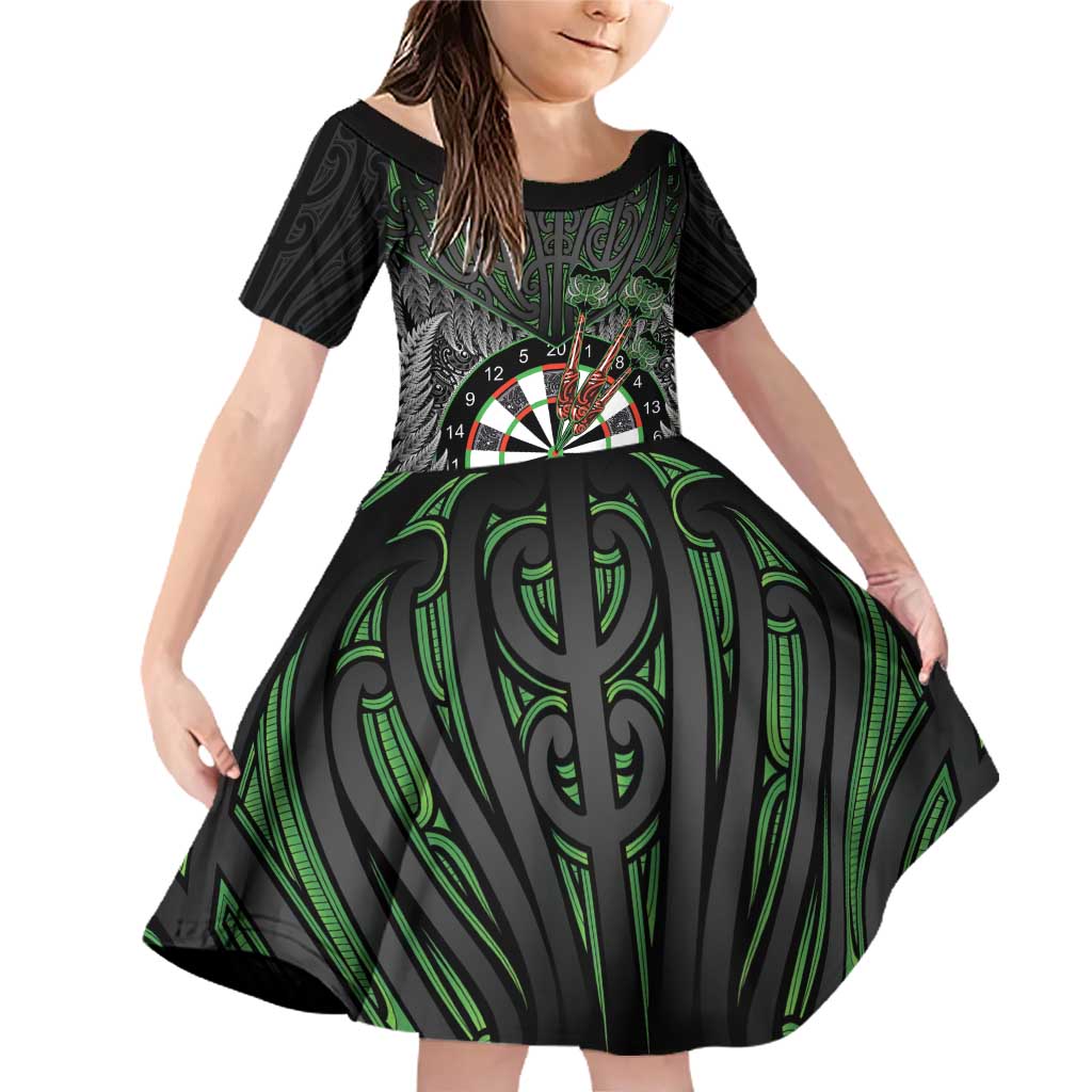 Personalised New Zealand Darts Family Matching Off Shoulder Short Dress and Hawaiian Shirt Dartboard Maori Fern Puhoro Art LT14 Daughter's Dress Black - Polynesian Pride