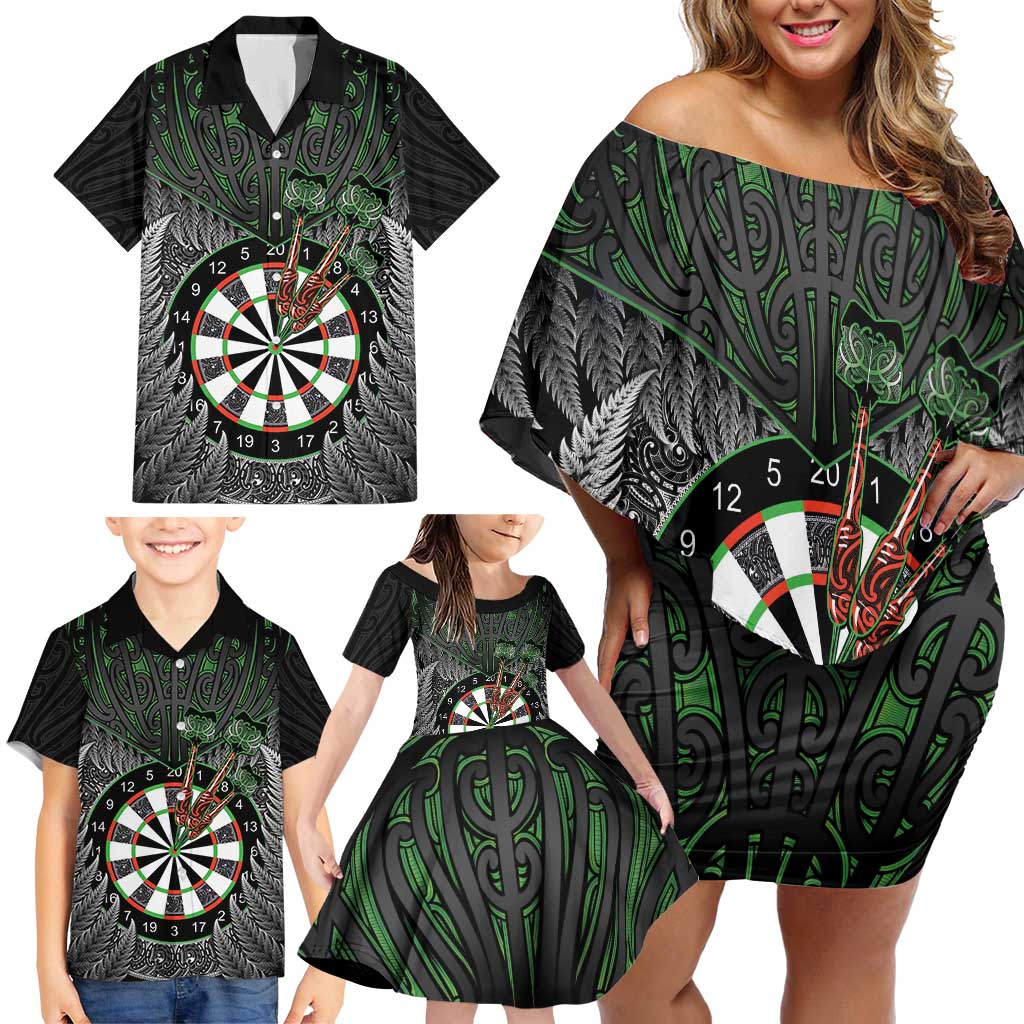 Personalised New Zealand Darts Family Matching Off Shoulder Short Dress and Hawaiian Shirt Dartboard Maori Fern Puhoro Art LT14 - Polynesian Pride
