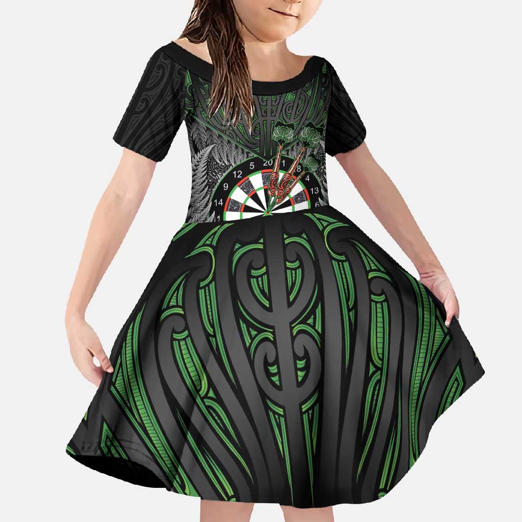 Personalised New Zealand Darts Family Matching Short Sleeve Bodycon Dress and Hawaiian Shirt Dartboard Maori Fern Puhoro Art LT14 Daughter's Dress Black - Polynesian Pride