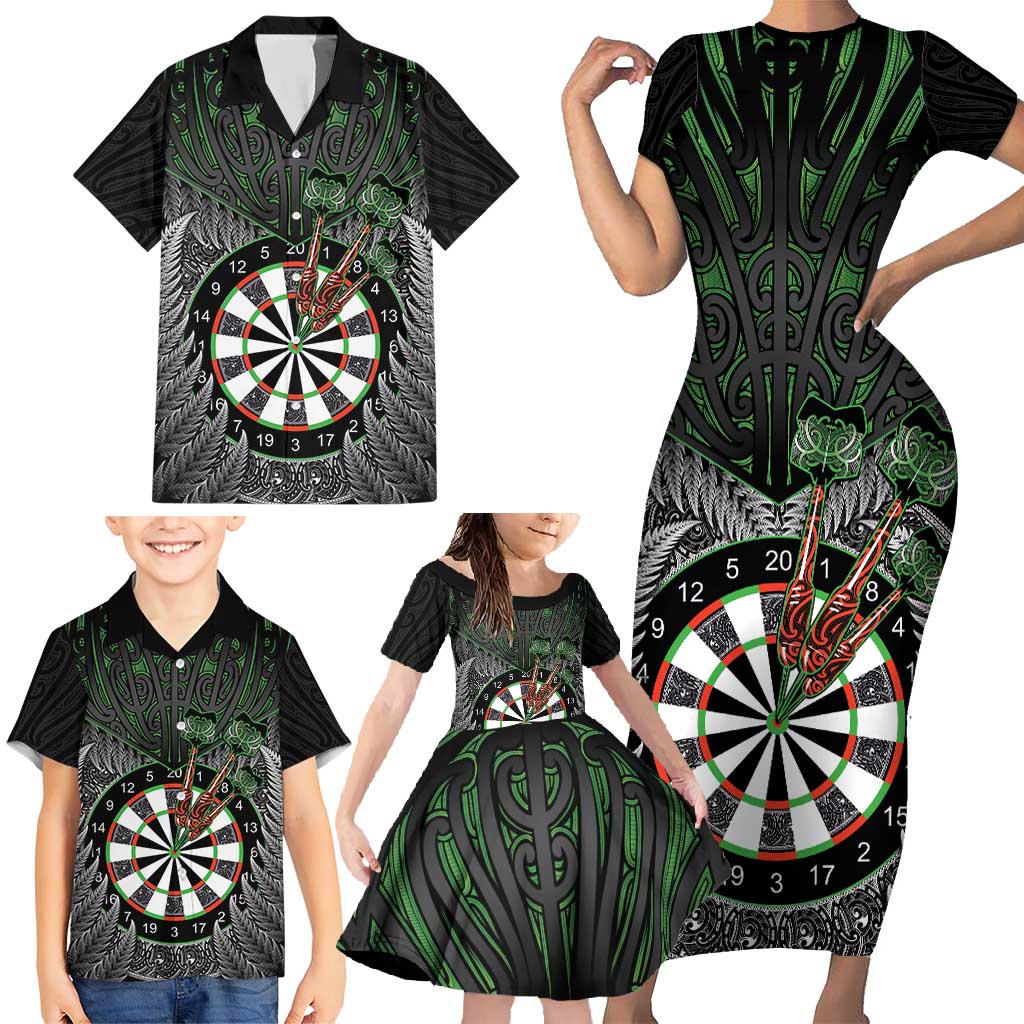 Personalised New Zealand Darts Family Matching Short Sleeve Bodycon Dress and Hawaiian Shirt Dartboard Maori Fern Puhoro Art LT14 - Polynesian Pride