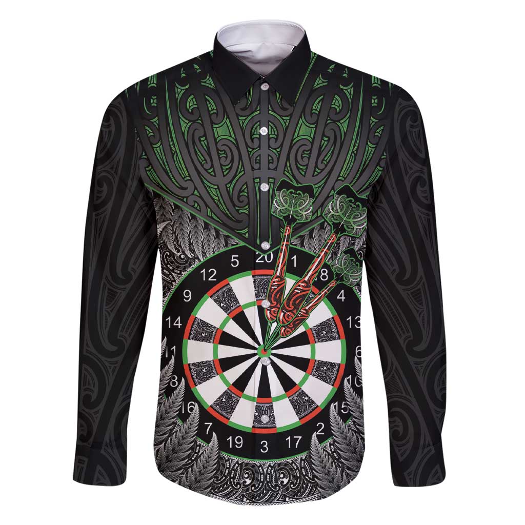 Personalised New Zealand Darts Family Matching Short Sleeve Bodycon Dress and Hawaiian Shirt Dartboard Maori Fern Puhoro Art LT14 Dad's Shirt - Long Sleeve Black - Polynesian Pride