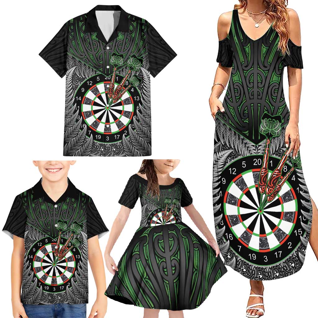 Personalised New Zealand Darts Family Matching Summer Maxi Dress and Hawaiian Shirt Dartboard Maori Fern Puhoro Art LT14 - Polynesian Pride