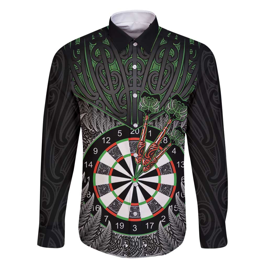 Personalised New Zealand Darts Family Matching Summer Maxi Dress and Hawaiian Shirt Dartboard Maori Fern Puhoro Art LT14 Dad's Shirt - Long Sleeve Black - Polynesian Pride
