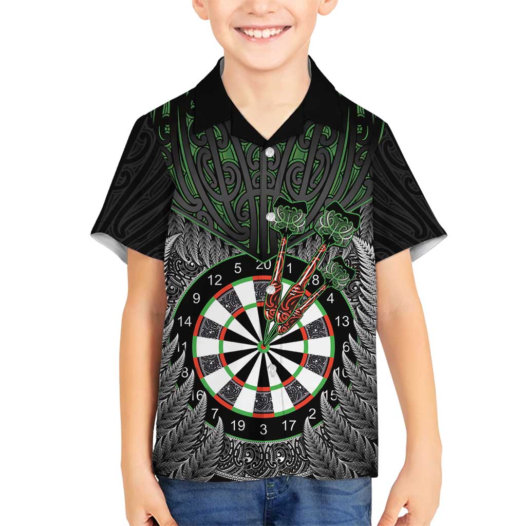 Personalised New Zealand Darts Family Matching Tank Maxi Dress and Hawaiian Shirt Dartboard Maori Fern Puhoro Art LT14 Son's Shirt Black - Polynesian Pride