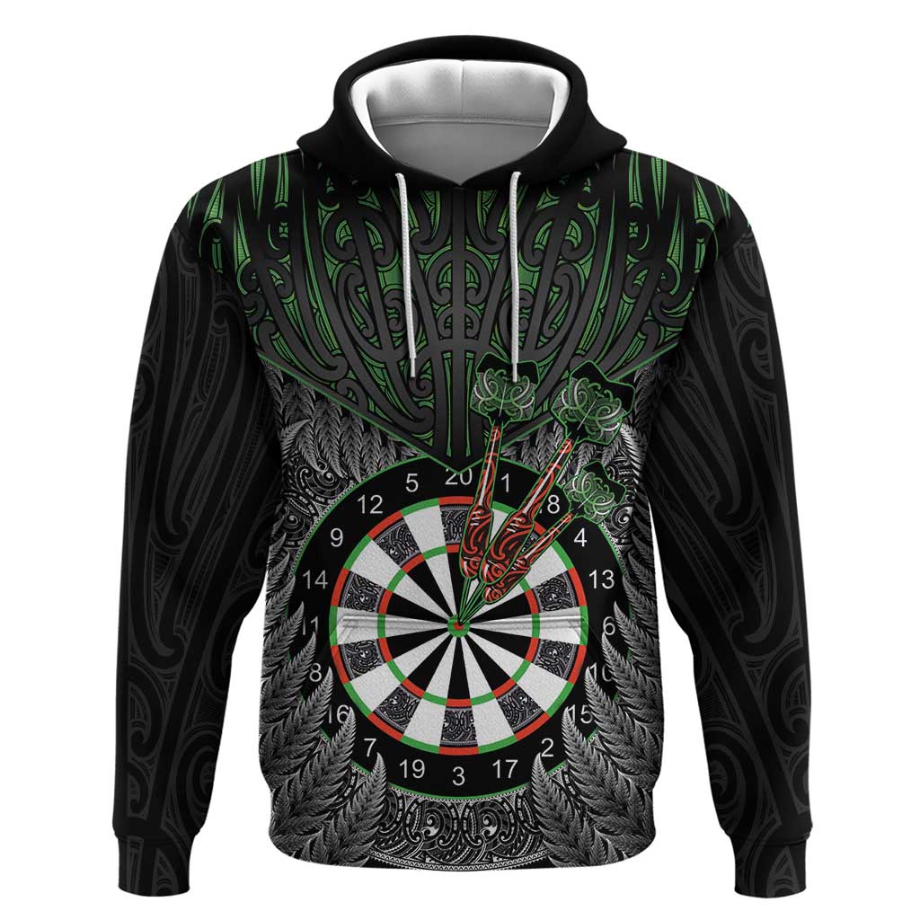 Personalised New Zealand Darts Hoodie Dartboard Maori Fern Puhoro Art LT14 Pullover Hoodie Black - Polynesian Pride