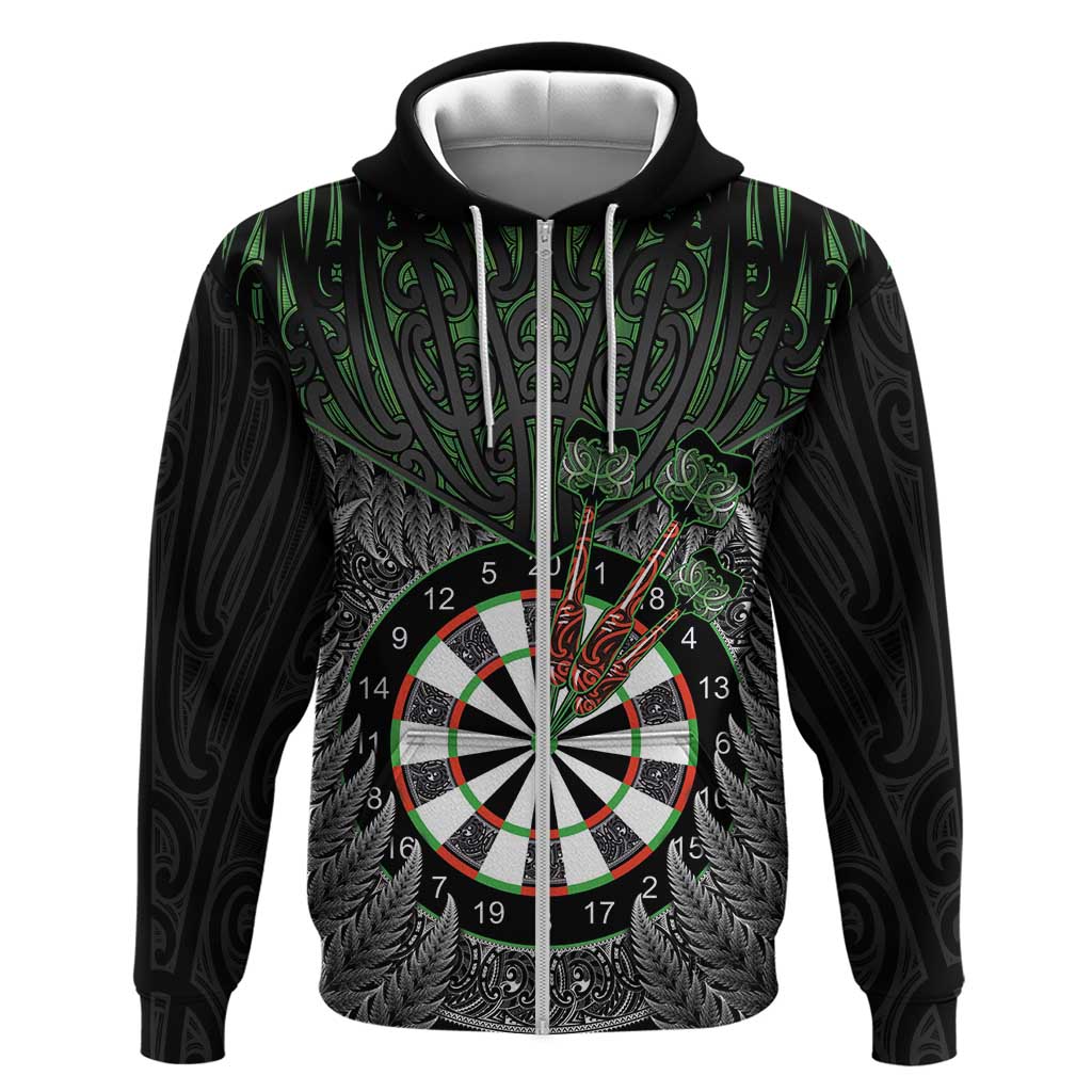Personalised New Zealand Darts Hoodie Dartboard Maori Fern Puhoro Art LT14 Zip Hoodie Black - Polynesian Pride
