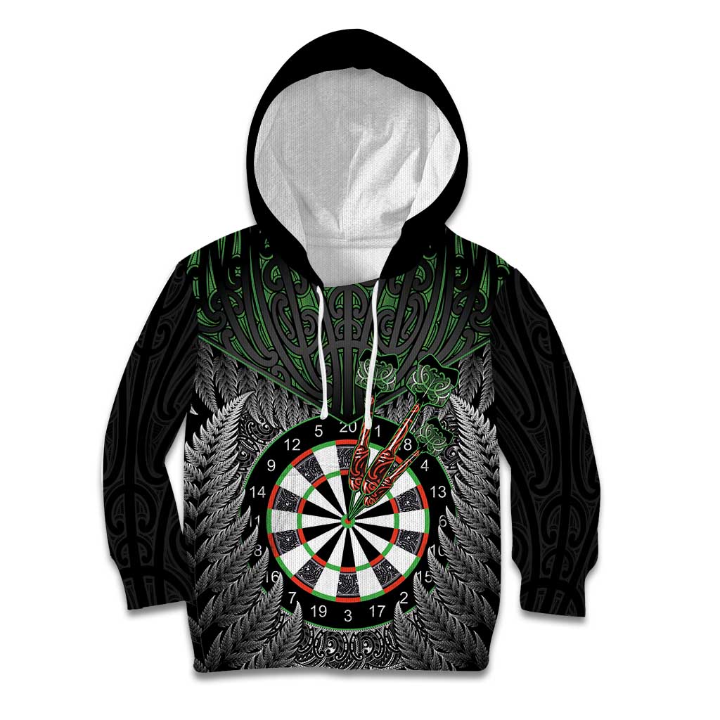 Personalised New Zealand Darts Kid Hoodie Dartboard Maori Fern Puhoro Art LT14 Hoodie Black - Polynesian Pride