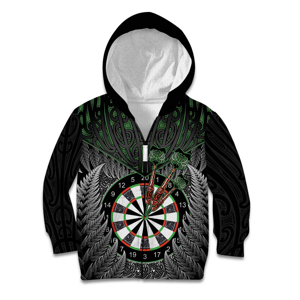 Personalised New Zealand Darts Kid Hoodie Dartboard Maori Fern Puhoro Art LT14 Zip Hoodie Black - Polynesian Pride