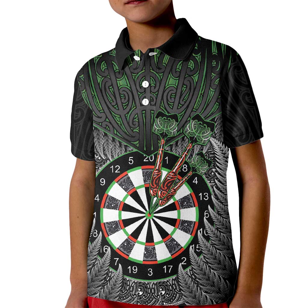 Personalised New Zealand Darts Kid Polo Shirt Dartboard Maori Fern Puhoro Art LT14 Kid Black - Polynesian Pride