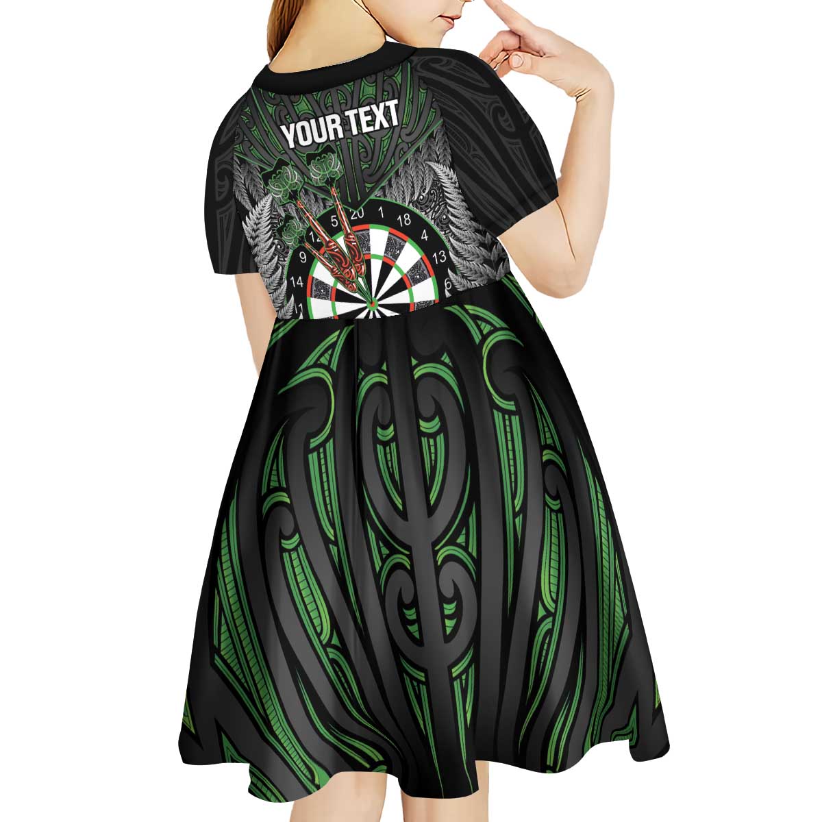 Personalised New Zealand Darts Kid Short Sleeve Dress Dartboard Maori Fern Puhoro Art LT14 - Polynesian Pride