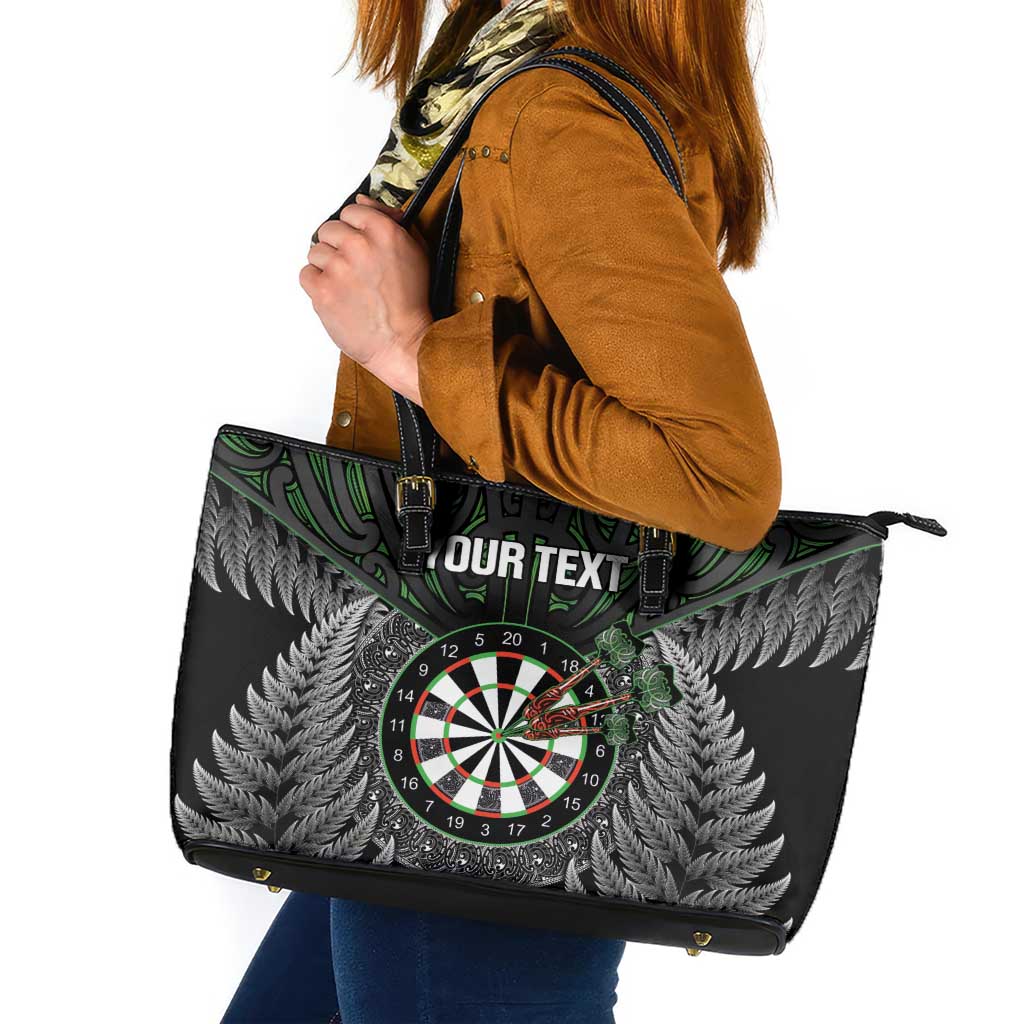 Personalised New Zealand Darts Leather Tote Bag Dartboard Maori Fern Puhoro Art LT14 Black - Polynesian Pride