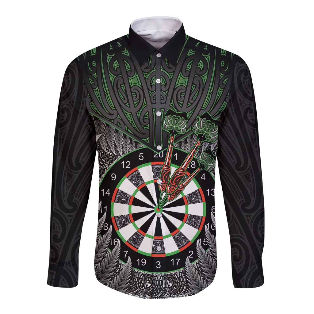 Personalised New Zealand Darts Long Sleeve Button Shirt Dartboard Maori Fern Puhoro Art LT14 Unisex Black - Polynesian Pride